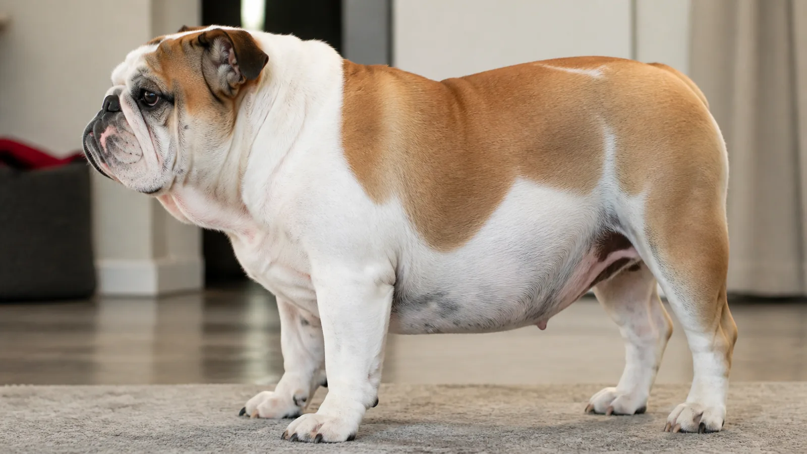 Chubby Bulldog standing quietly indoors in a side-profile view, showcasing its body shape and physical condition.