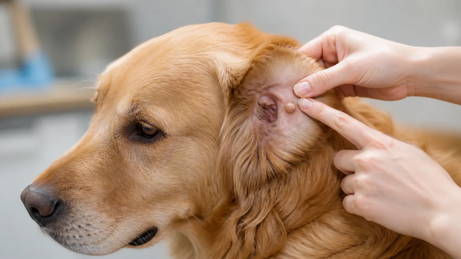 Golden Retriever sitting indoors, with a small lump on its ear that needs to be assessed.