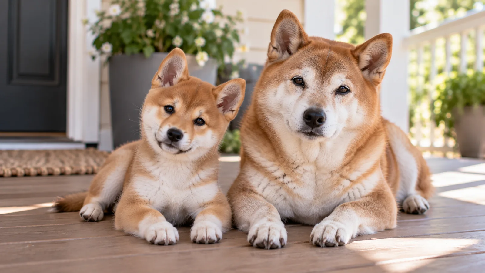 A Shiba Inu puppy and an adult Shiba Inu lie side by side on a sunlit wooden porch.