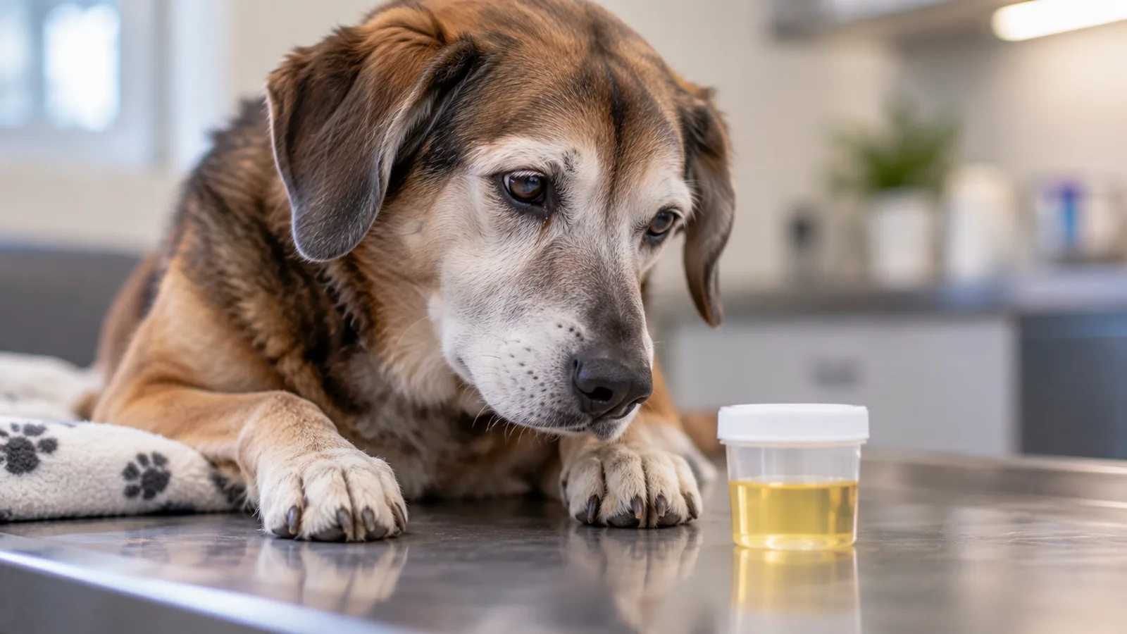 A grey-muzzled senior dog lying on a clinic exam table next to a small sample cup of urine